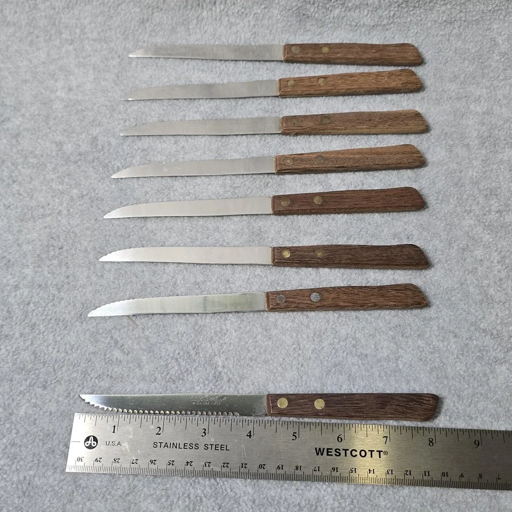 Vintage Hanford Forge Steak Knives Set 8 Brown Wood Handle Stainless Japan